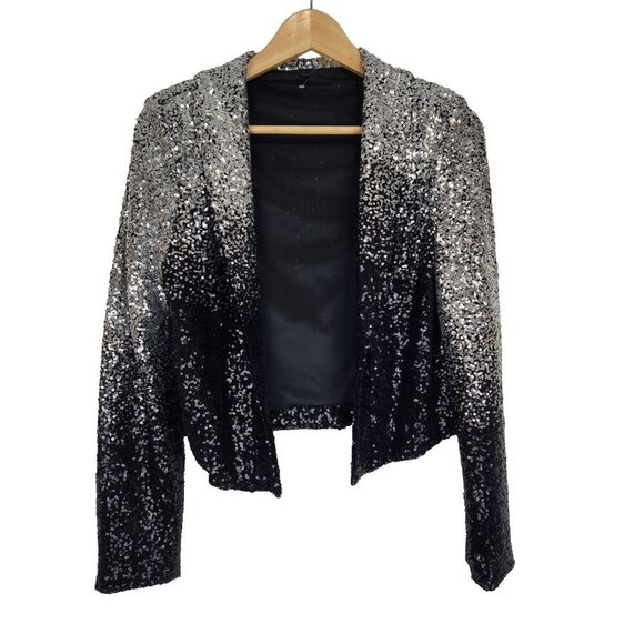 Adore Short Sequin Jacket Sample Size M Silver Black Ombre Open Front Lined - Picture 1 of 7